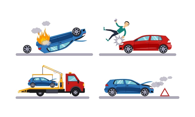 Vector auto accidents set car crash man hitting by a car evacuation flat vector illustration isolated on a white background