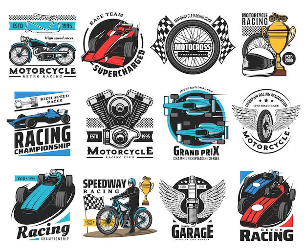 Auto, auto en motorsport sport vector iconen met motorfiets, open wiel auto, kart geïsoleerde symbolen. motorcross-, rally-, autorace-voertuigen met racevlag, trofeebekers, racehelm en motor