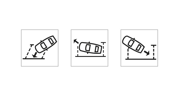 Auto automatische parkeersysteem pictogramserie. Bestuurderloze parkeersensor. Horizontaal en verticaal parkeren.