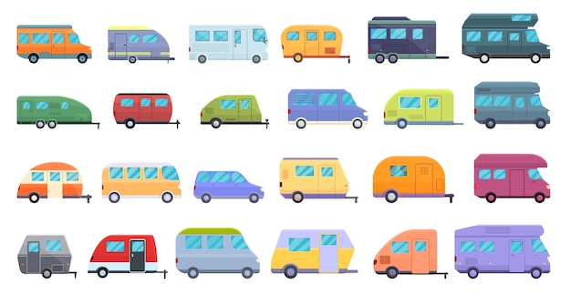 Auto camping pictogrammen instellen. Cartoon set auto camping iconen voor web