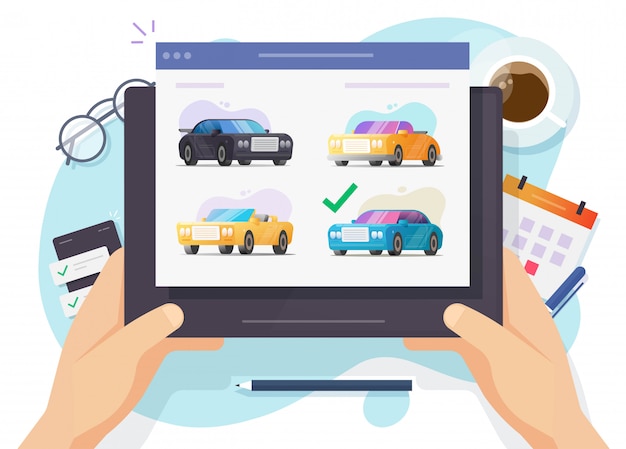 Auto and car auction online website or rental vehicle internet shop comparison website with choosing automobiles on digital tablet computer  