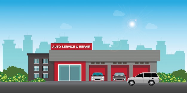 Auto car service and repair center or garage with cars.