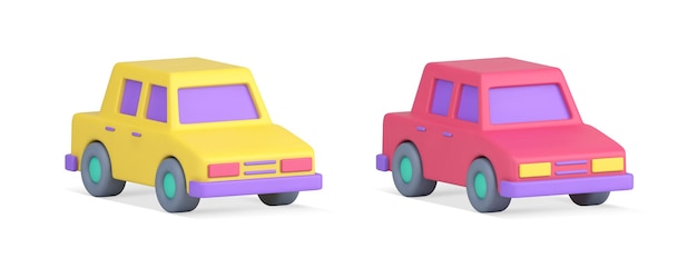 Auto car yellow pink city transportation passenger sedan automobile driving 3d icon set vector