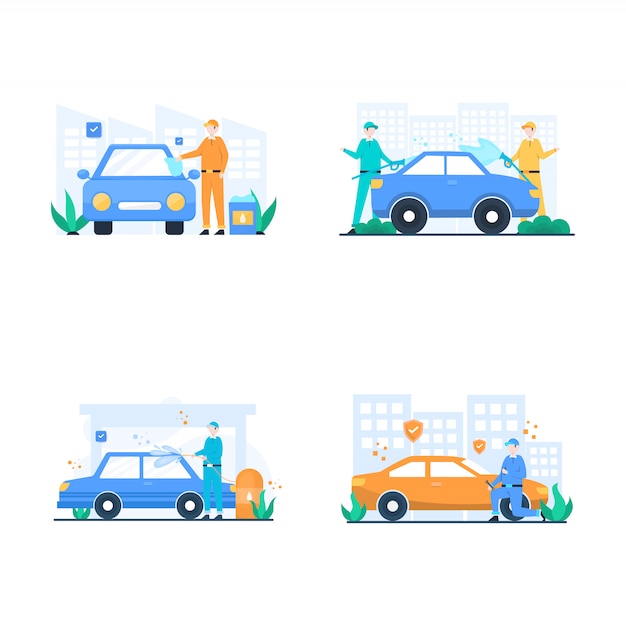 Vector auto care, people washing and repair car   illustration,