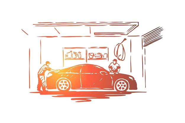 Auto care station werknemers, onderhoudsmedewerker reiniging transport voertuig illustratie