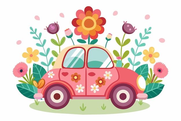 Vector auto cartoon charmante met bloemen een witte 1