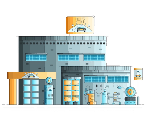 Auto cleaning and washing building exterior. twenty four hours working station illustration.