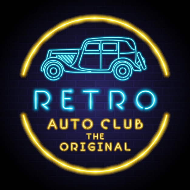 Auto club sign with neon light bright element