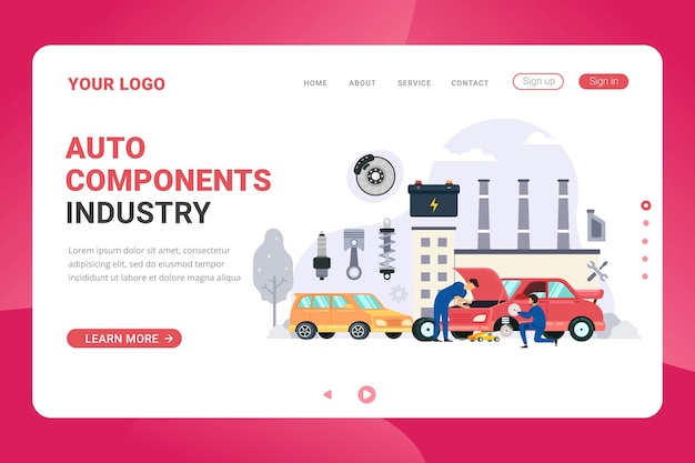 Auto components industry landing page template vector illustration