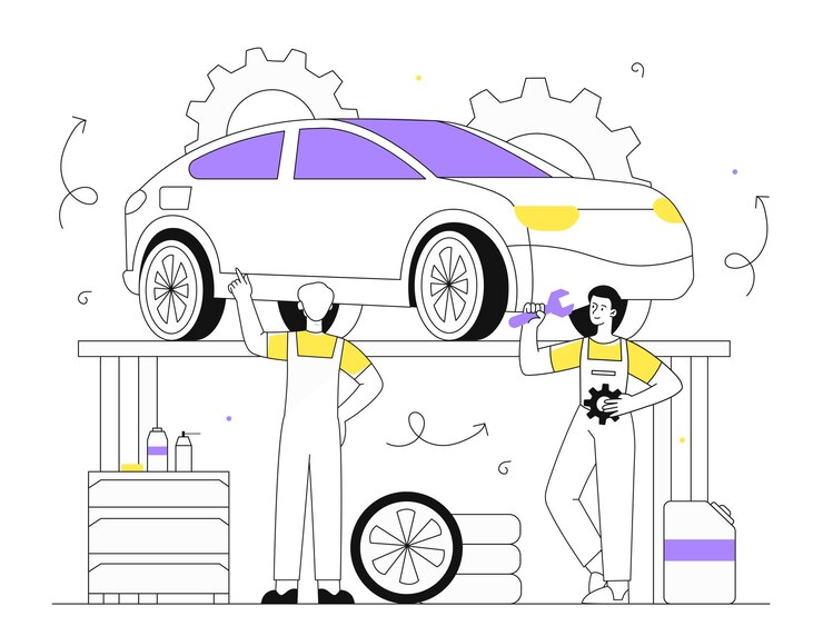 Vector 자동 진단 라인 개념 플랫폼에서 운송 근처에 렌치가 있는 제복을 입은 남자 자동차 및 차량 수리점 자동차의 바퀴를 바꾸는 역학 선형 평면 벡터 그림