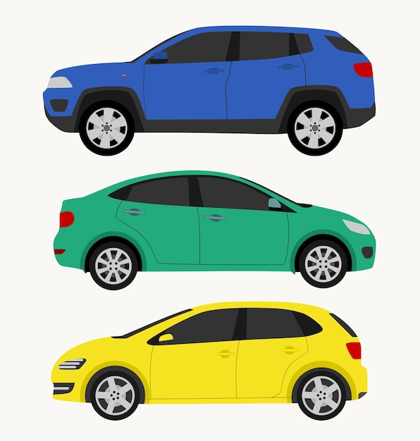 auto instellen plat kleurrijke stijl geïsoleerd op een witte achtergrond met hatchback sedan suv voor app concept patroon auto vervoer autodelen taxi verhuur sport auto reparatie service vector 10 eps