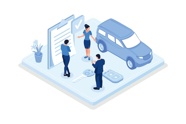 Auto insurance Character buying or renting car isometric vector modern illustration