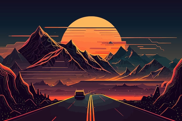 Auto jaren '80 stijl retro bergen lucht stijl vector illustratie desing