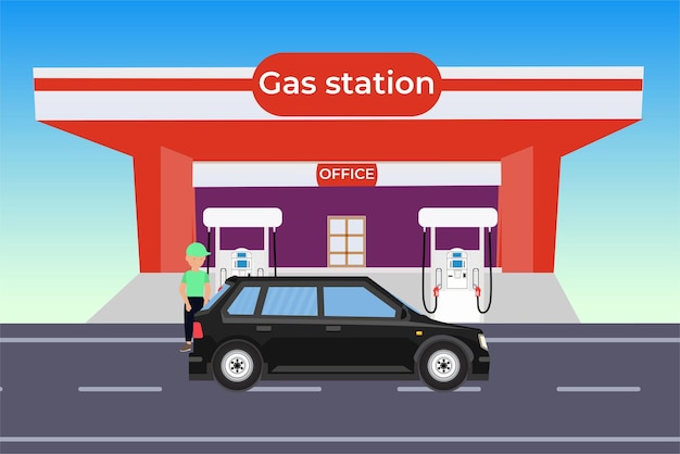 Auto krijgt brandstof of gas van een benzinestation vector werknemers van een benzinestation vullen de brandstoftank van een auto met benzine- of gasconcepten man vult gas in een benzine- en oliestation met kantoor binnen