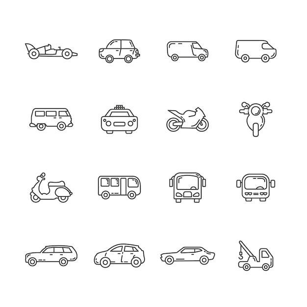 Auto lijn icon set met motorfiets bus lijn iconen