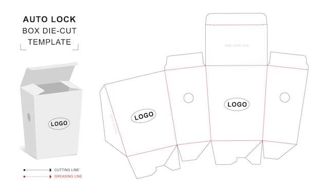 Auto lock box die cut template