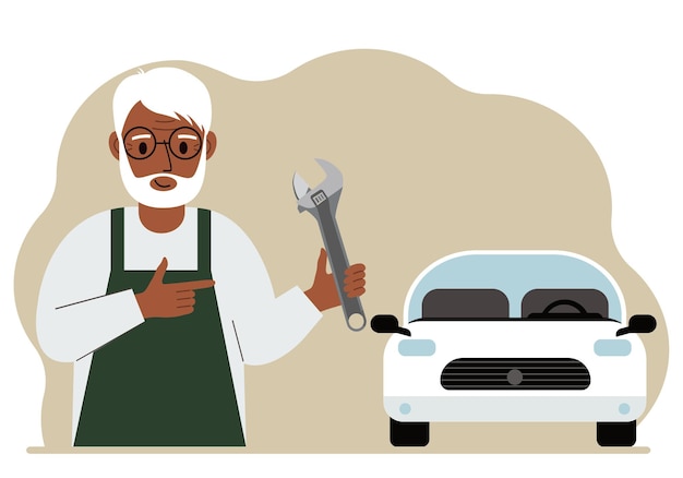 auto mechanic in a car workshop near a white car a man holds a wrench in his hand car repair concept poster advertisement banner