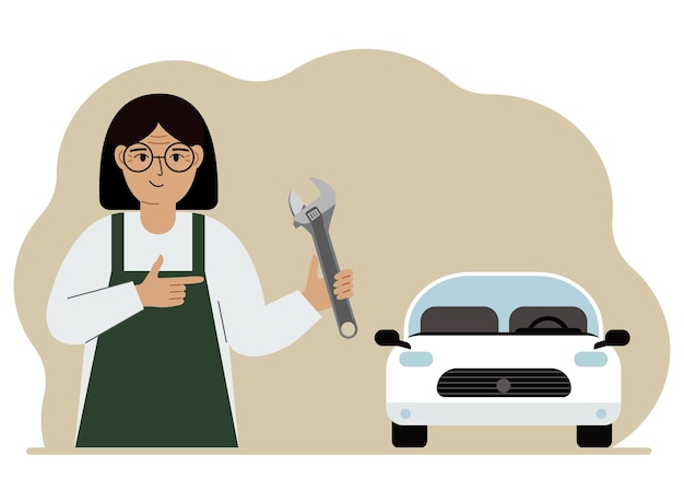 Автомеханик в автомастерской возле белой машины Женщина держит в руке гаечный ключ Концепция ремонта автомобилей Плакат рекламный баннер