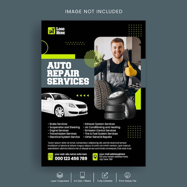 Auto mechanic care repair and car rent service print flyer or poster template design