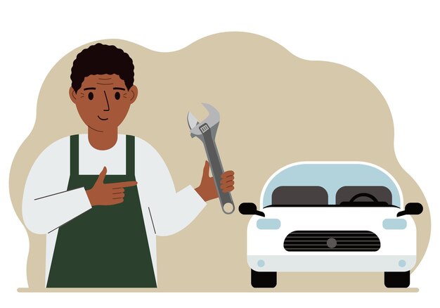 白い車の近くの自動車整備工場の自動車整備士 男が手にレンチを持っている 車の修理のコンセプト ポスター広告バナー