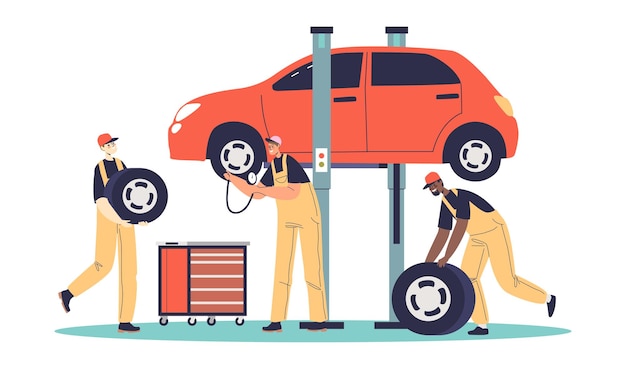 Vector auto mechanic service center staff changing tire for balancing car assembling garage workers