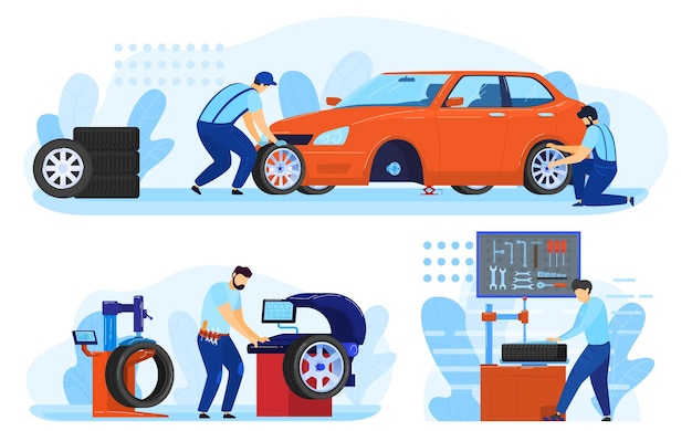 Vector auto mechanic service of tire maintenance, car repair set of  illustration.