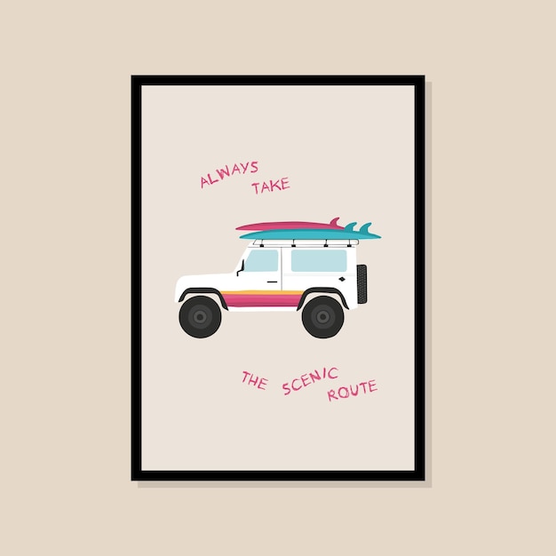 Auto met surfplanken vector kunst print poster voor uw kunstgalerie aan de muur