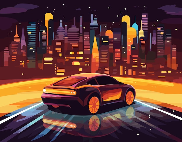 Auto op de weg in de stad 's nachts vectorillustratie