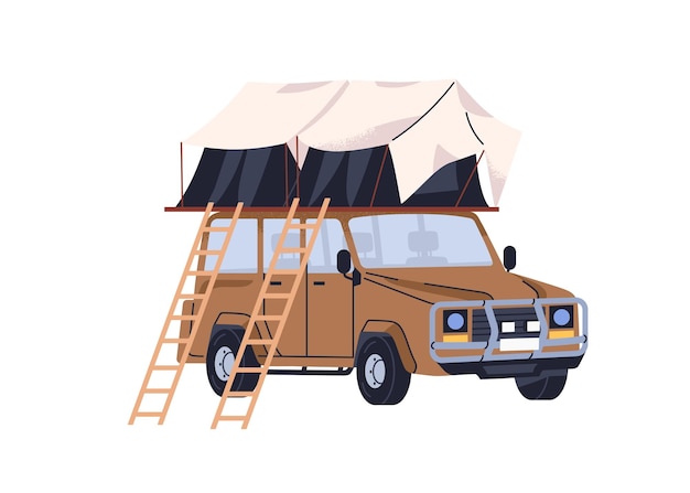 Auto op het dak tent SUV met camping op het dak Campers auto transport voor road trip reis avontuur Toeristisch voertuig vakantie auto Platte vector illustratie geïsoleerd op witte achtergrond