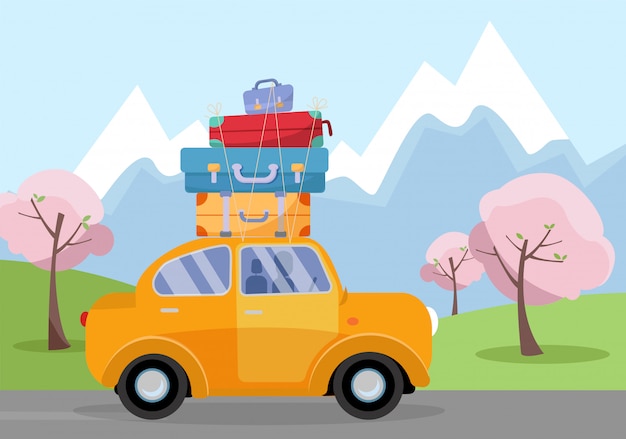 Auto op Road Trip. Reisvoertuig Concept Toerisme en Vakantie samen. illustratie van de vakantie van de lentevakanties, bloeiende bomen, wereldreis met koffers op het dak van de auto. Toeristisch retro reisthema