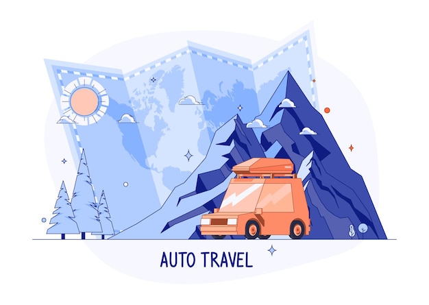 Auto op rocky mountains silhouet. planning zomervakanties wereldreizen met de auto zomervakantie, toerisme, vakantie thema familie-uitstapje. mensen die reizen of road trip concept vector in platte ontwerpstijl