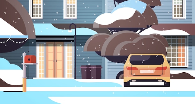 Auto op sneeuw bedekt huis tuin in winter seizoen woningbouw met decoraties voor nieuwjaar en kerstviering horizontale vectorillustratie