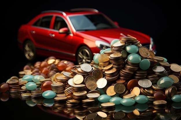 Auto op stapel munten Autolening Financiën, geldbesparing, verzekeringen en leasetijdconcepten