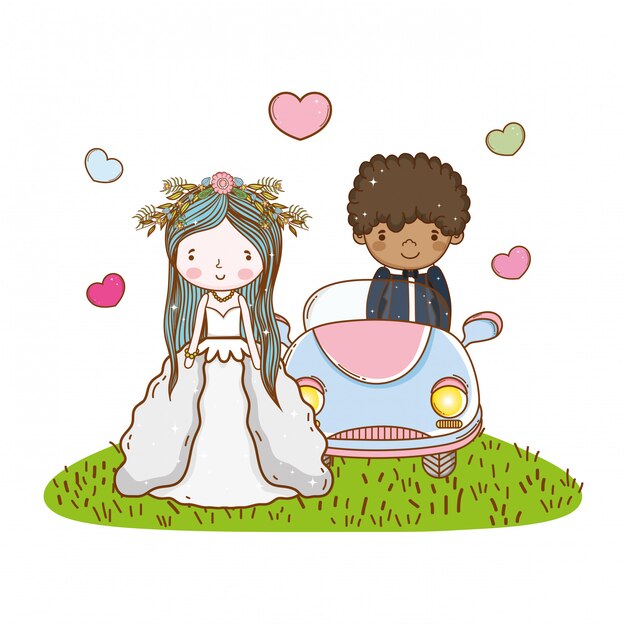 Vector auto paar huwelijk cute cartoon