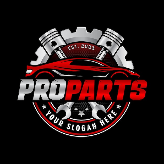 Auto parts vector logo template Combination of automobile tools wrench pistons and gear