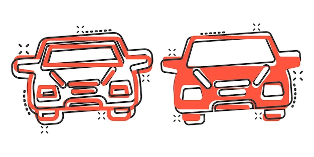 Auto pictogram in komische stijl auto voertuig cartoon vectorillustratie op witte geïsoleerde achtergrond Sedan splash effect bedrijfsconcept