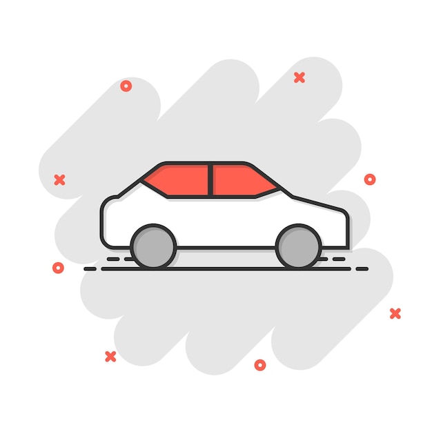 Auto pictogram in komische stijl auto voertuig cartoon vectorillustratie op witte geïsoleerde achtergrond Sedan splash effect bedrijfsconcept