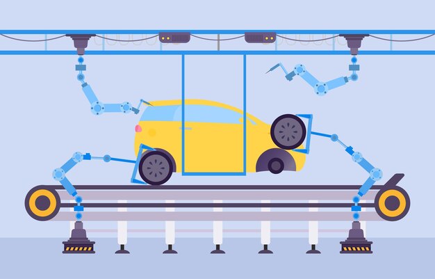 Vector auto productie fabriek concept vector illustratie autobouw met behulp van cartoon robotic