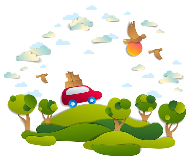 Auto reizen en toerisme, rode minibus met bagage off-road rijden in groene weiden tussen bomen, vogels en wolken in de lucht, papier gesneden vectorillustratie van auto in schilderachtige natuur landschap.