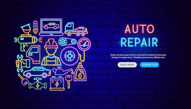 Vector auto repair neon banner design vector illustration of car service promotion