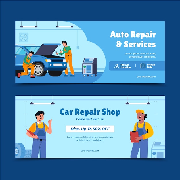 Auto repair shop banners in flat design