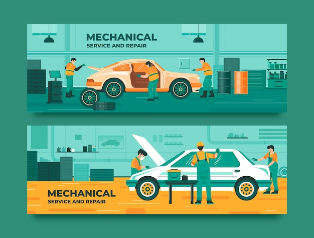 Баннеры авторемонтной мастерской в плоском дизайне