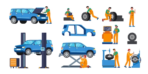 Vector auto repair shop icons in flat design