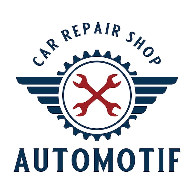Concetto di design del logo di vettore dell'officina riparazioni auto con il simbolo dell'ingranaggio e della chiave inglese per il negozio di riparazioni auto comm