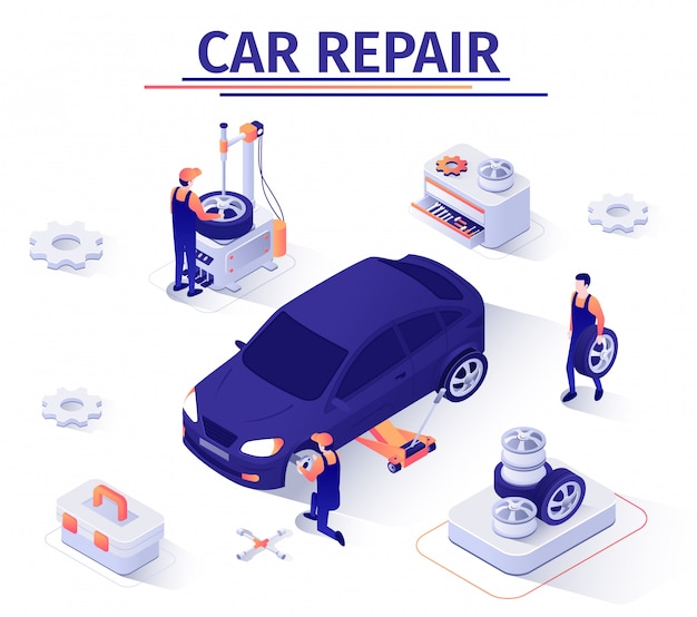 Auto reparatie illustratie, wiel vervanging aanbieding in car service