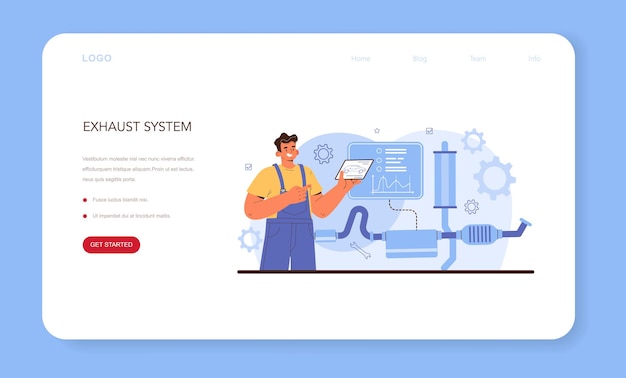 Auto reparatieservice. uitlaatsysteem, diagnostische apparatuur voor autoservice. autowerkplaatsmonteur in uniform met speciaal gereedschap voor autocontrole. platte vectorillustratie.