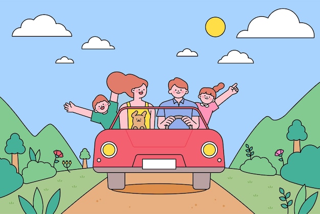 auto rijden vakantiereis Leuke familie reist met de auto op de achtergrond van de natuur