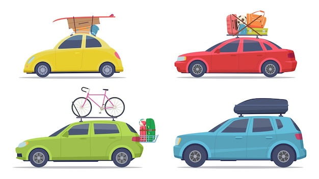 Auto's met bagage. Road trip voertuig met koffers vakantie vervoer vector collectie. Illustratie bagagewagen voor reizen of reis zomer