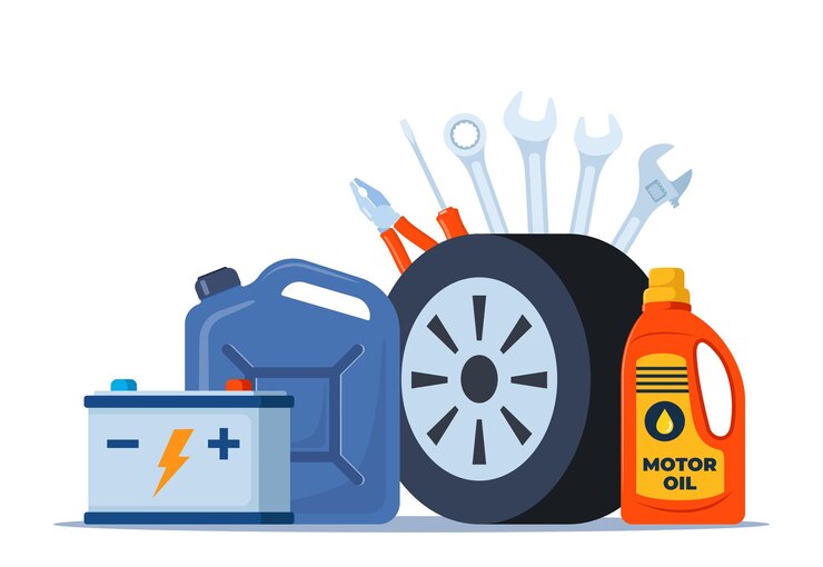 Vector auto service accessories composition with tool kit gasoline canister and battery vector illustration