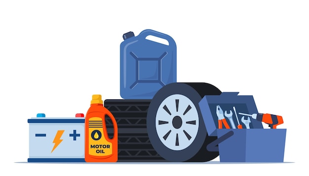 Vettore composizione degli accessori di assistenza auto con kit utensili, barattolo di benzina e batteria illustrazione vettoriale